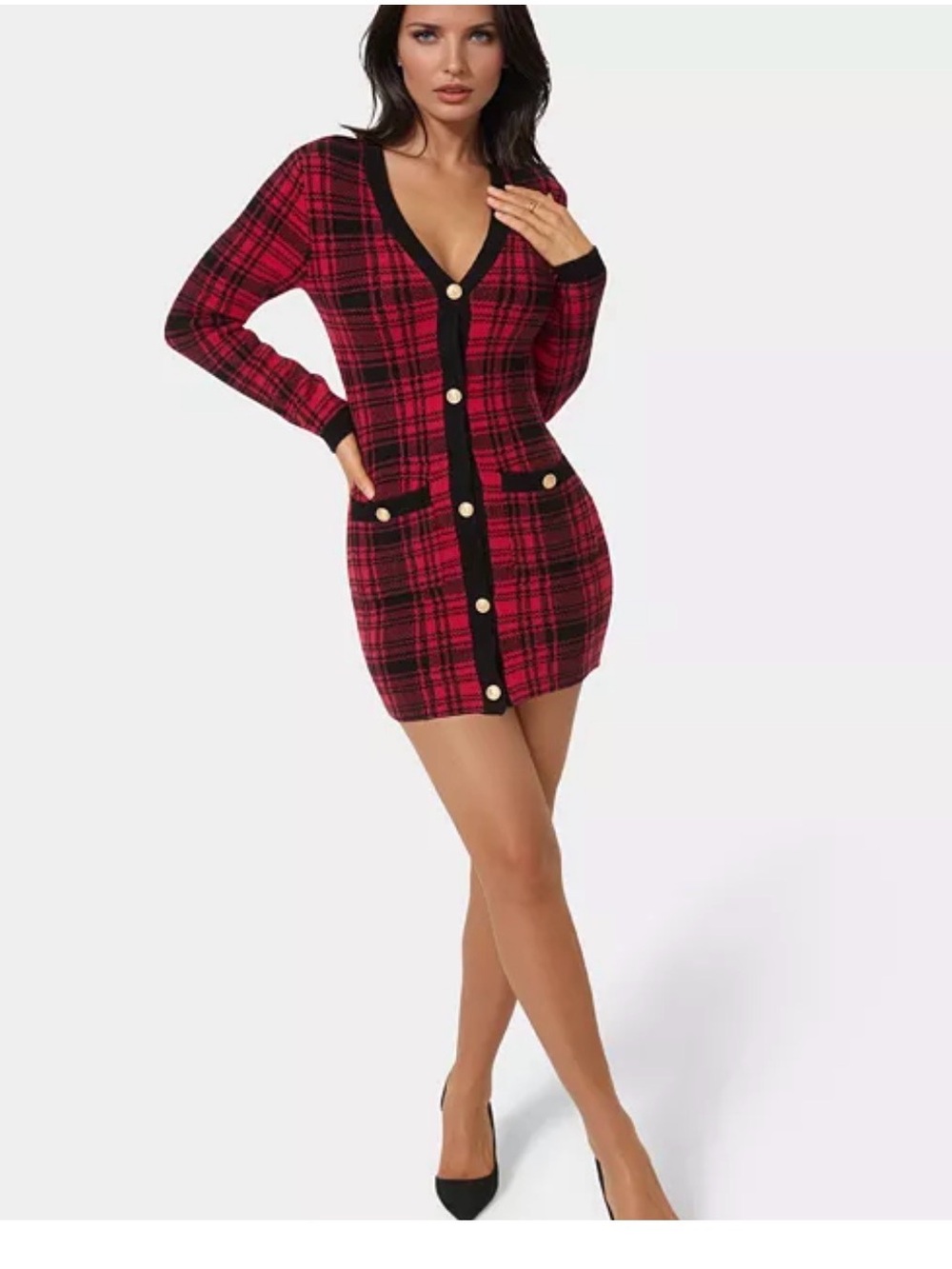 Love Always Red & Black Plaid V‑Neck Knit Dress